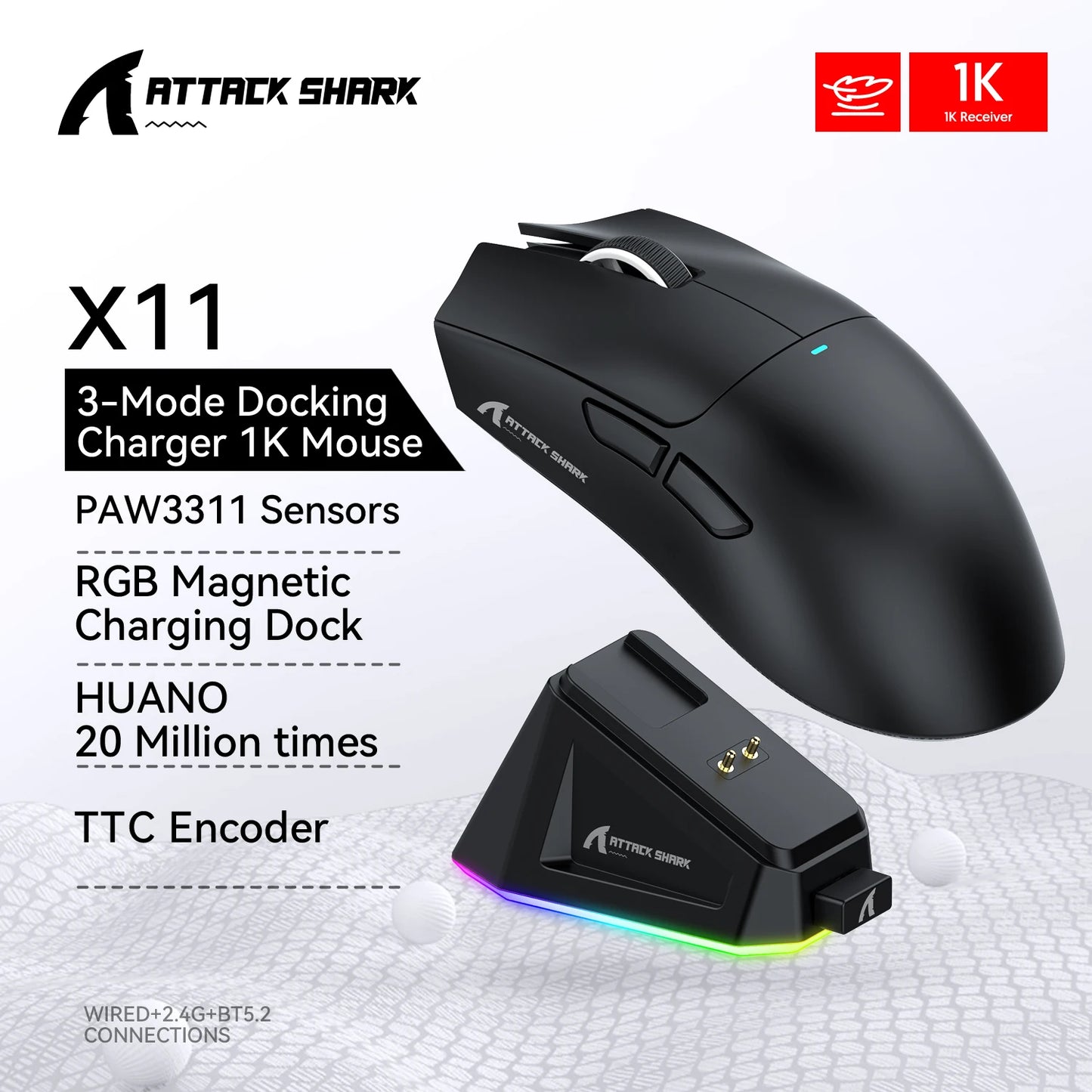 X11 Tri-Mode Wireless Gaming Mouse - 22000 DPI Precision with RGB Lighting