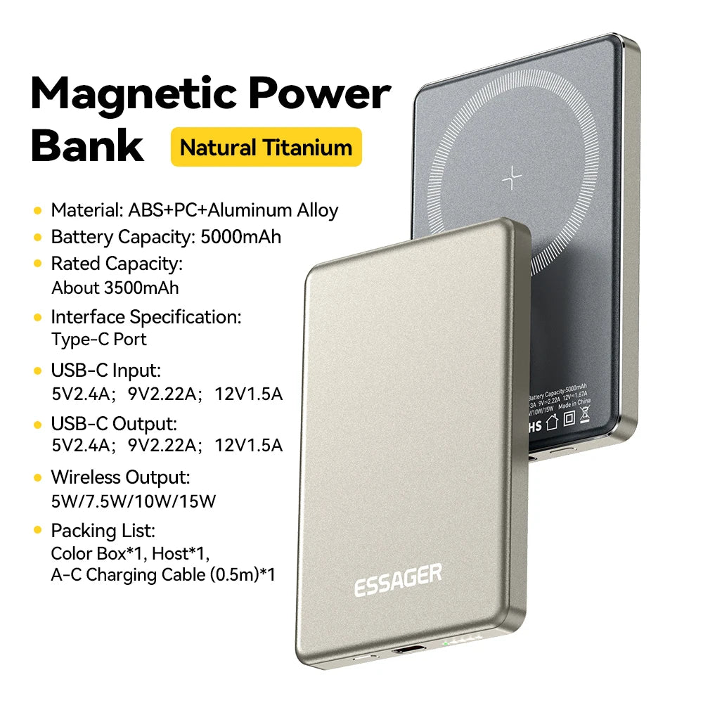 Essager Thin Wireless Power Bank Magnetic 20W 5000mAh – Portable Fast Charging Battery for MagSafe iPhone 17/16/15/14/13