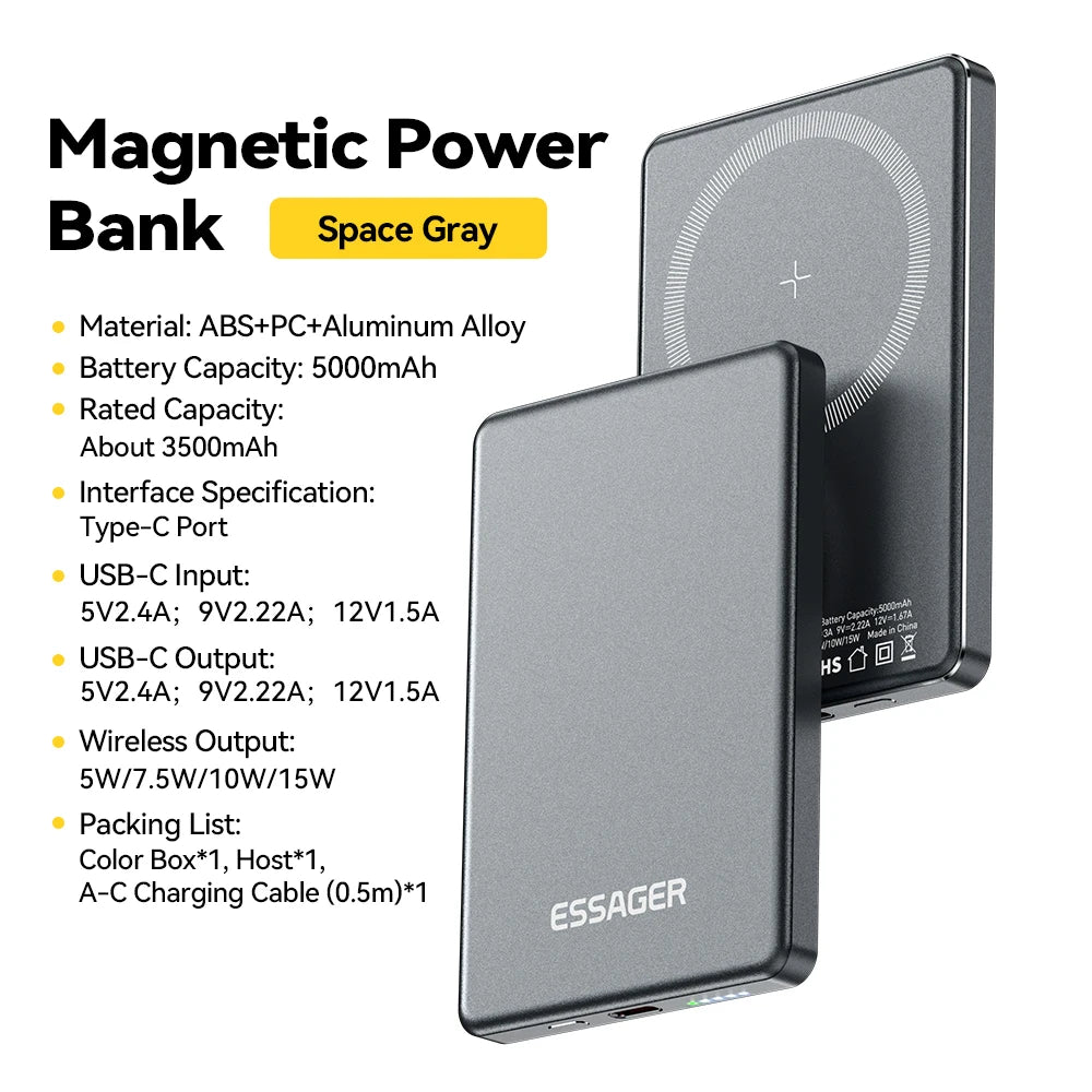 Essager Thin Wireless Power Bank Magnetic 20W 5000mAh – Portable Fast Charging Battery for MagSafe iPhone 17/16/15/14/13