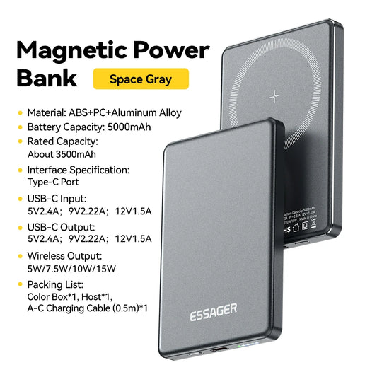 Essager Thin Wireless Power Bank Magnetic 20W 5000mAh – Portable Fast Charging Battery for MagSafe iPhone 17/16/15/14/13