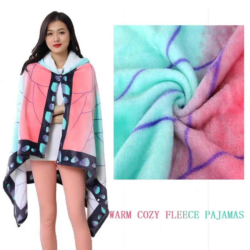 Demon Slayer Hoodie Blanket Wearable – Tanjiro Kamado Anime Shawl Wrap Pajama Bathrobe