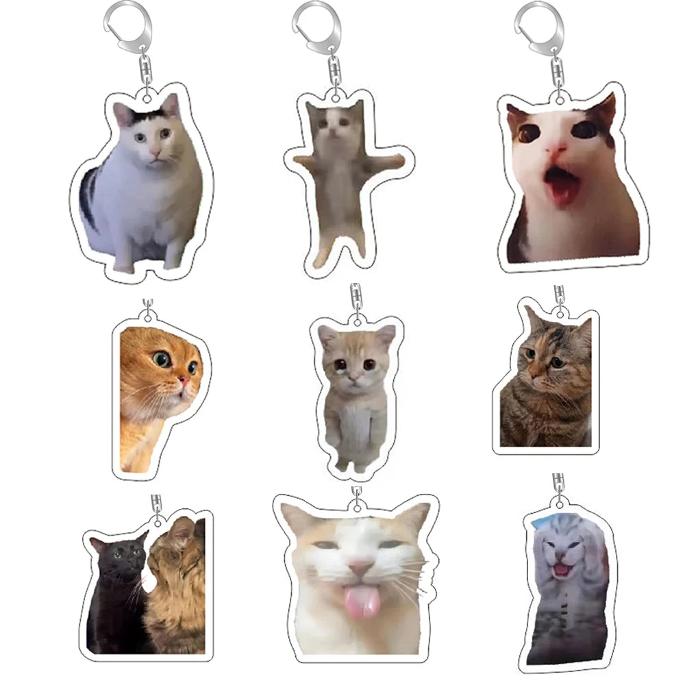 Funny Cat Memes Keychain – Cute Cartoon Pendant for Bags, Lanyards, and Student Gifts