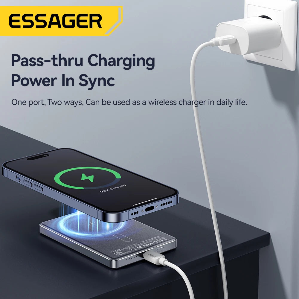 Essager Thin Wireless Power Bank Magnetic 20W 5000mAh – Portable Fast Charging Battery for MagSafe iPhone 17/16/15/14/13